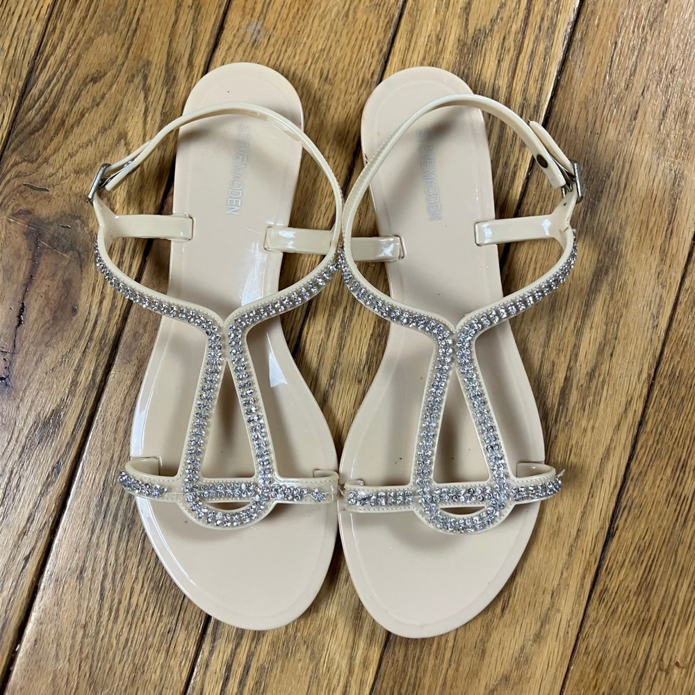 Steve Madden‎ Womens Jelly Sandals Rhinestone Embellished Flat Beige Size 40